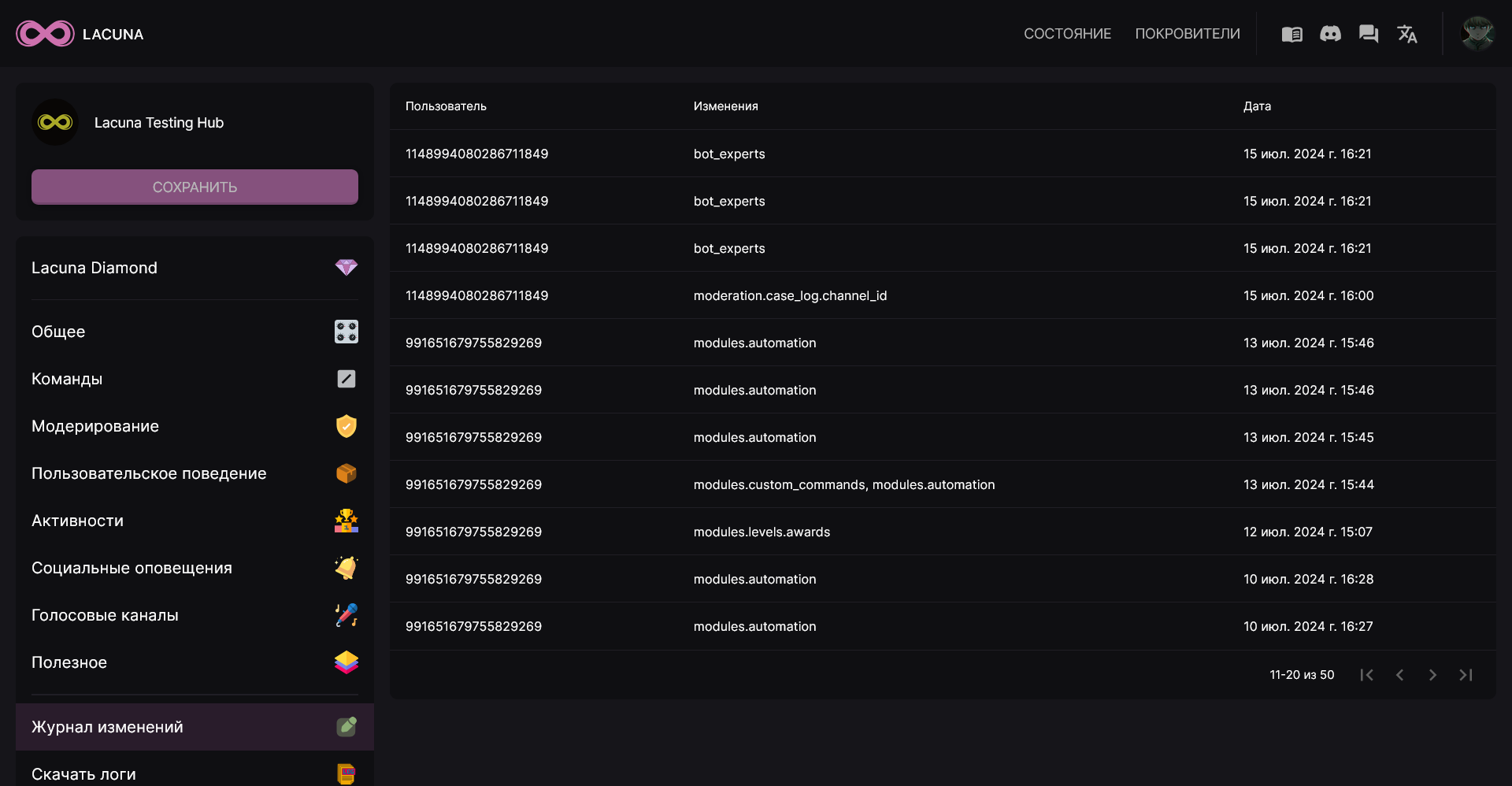 Пример журнала изменений