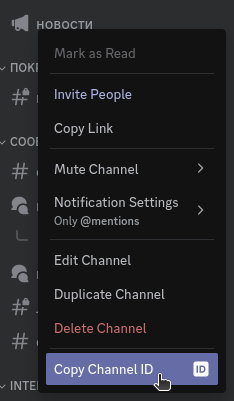 Копирование ID канала