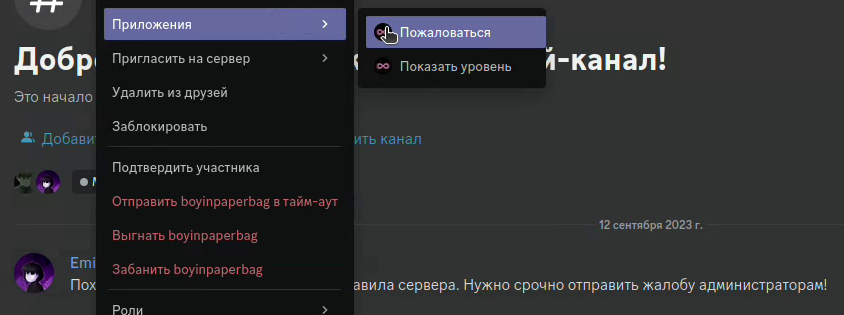 Контекстное меню пользователя в канале